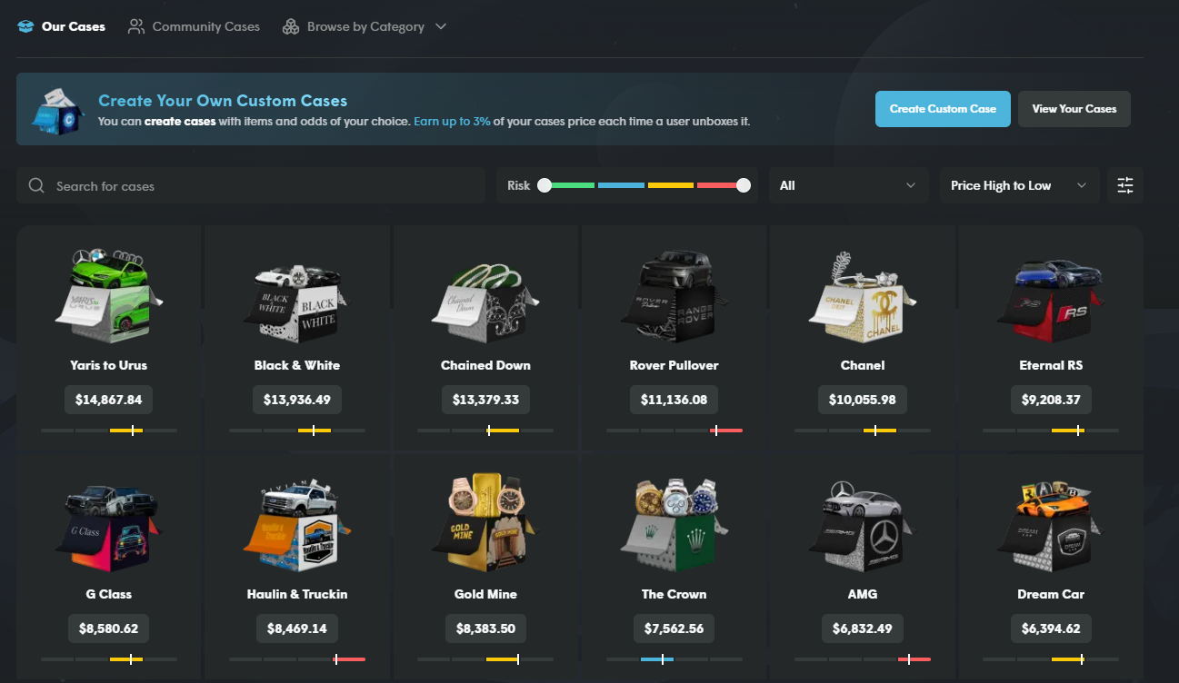 Cases.gg case selection 2026 — custom cases with high-value items including Yaris to Urus $14,867, Black and White $13,936, Chanel $10,055