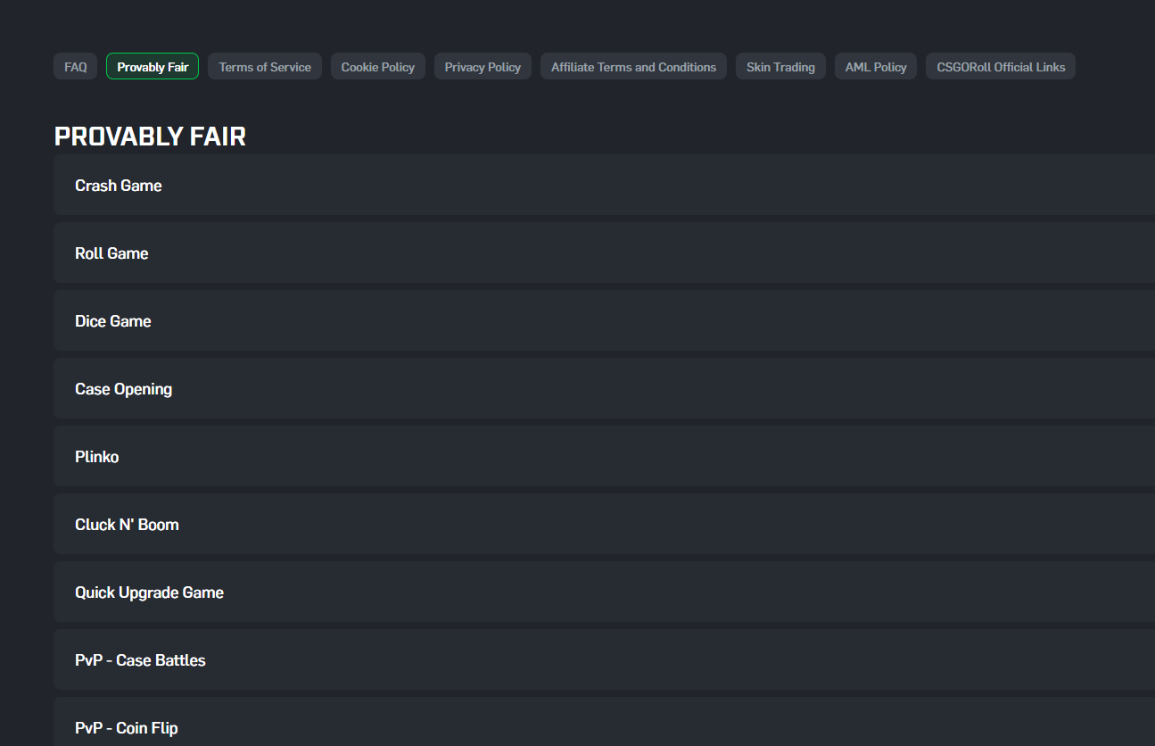 CSGORoll provably fair page showing Crash Game, Roll Game, Dice Game and other games with fairness verification