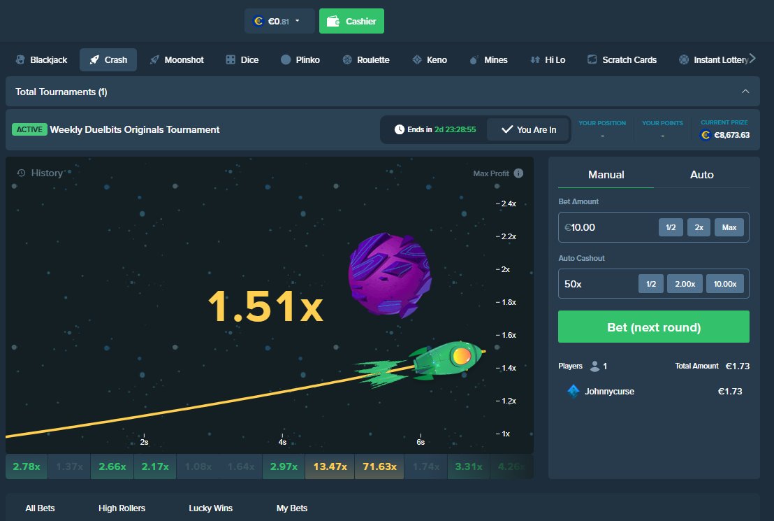 Duelbits crash game interface 2026 — multiplier climbing with auto-cashout settings