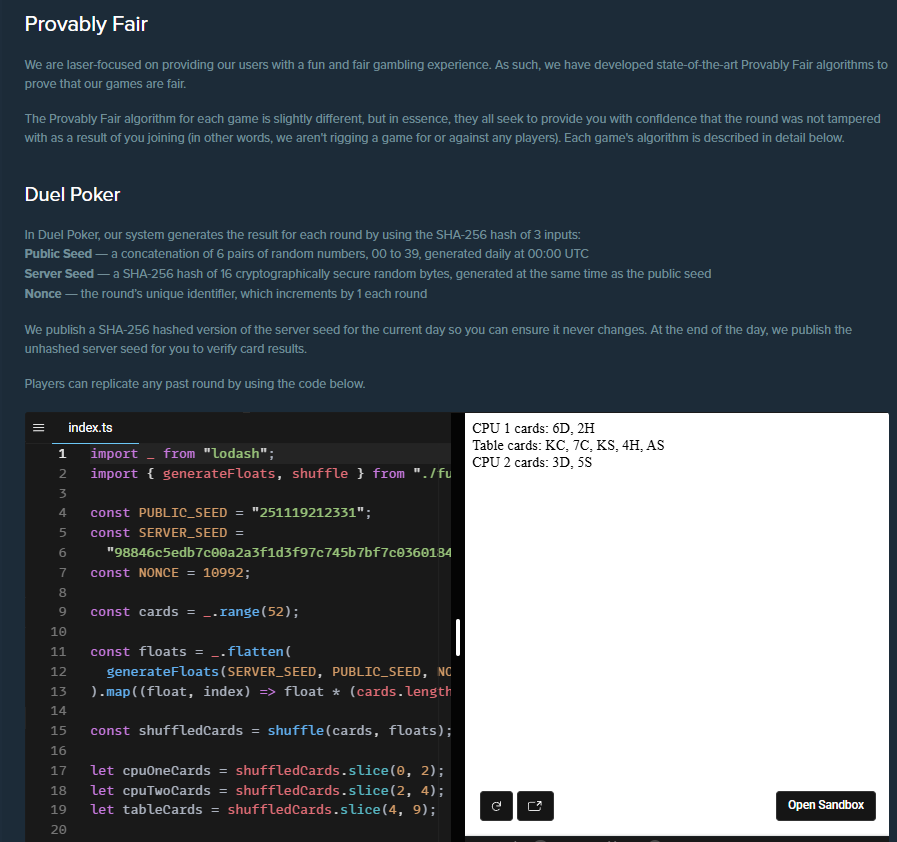 Provably fair panel on Duelbits showing server seed, public seed, nonce and verification code for CS2 gambling