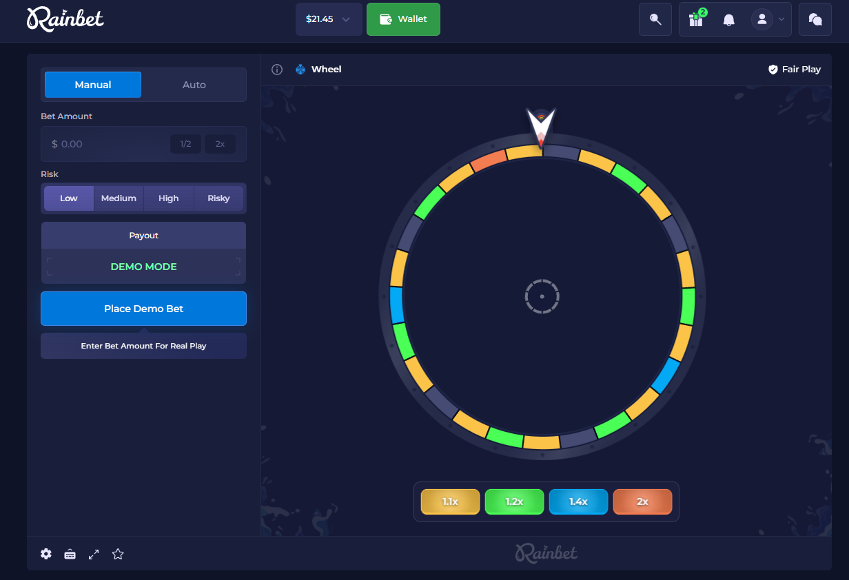 Rainbet Wheel game 2026 — Low Medium High Risky risk levels with 1.1x to 2x multipliers